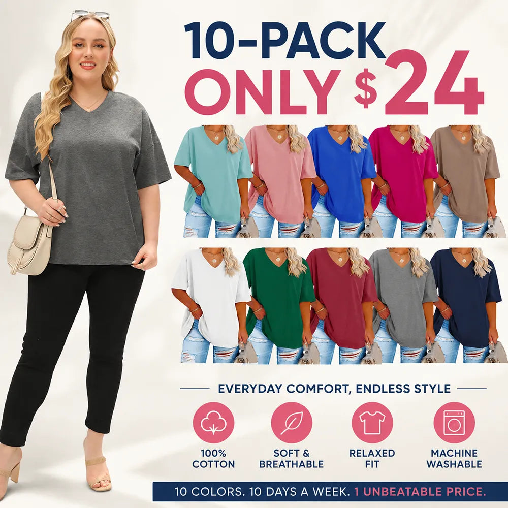 🔥 Women's Plus Size V Neck T Shirts Loose Fit Cotton Tunic Tops1