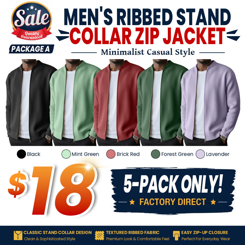 Men's Simple Casual Ribbed Stand Collar Zipper Long Sleeved Jacket