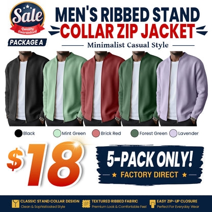 Men's Simple Casual Ribbed Stand Collar Zipper Long Sleeved Jacket