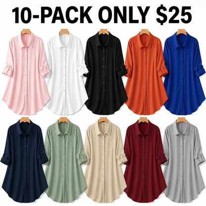 Plus-Size Solid Long Sleeve Button Up Blouse for Spring & Fall