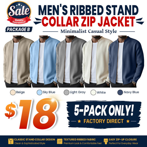 Men's Simple Casual Ribbed Stand Collar Zipper Long Sleeved Jacket