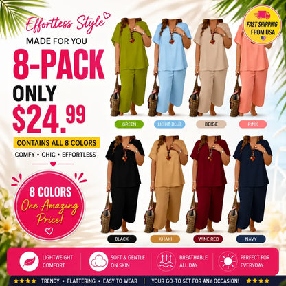 Women's Solid Short Sleeve Top & Loose Wide Leg Pants 2-Piece Set