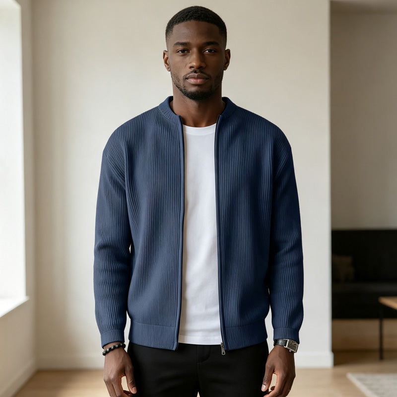 Men's Simple Casual Ribbed Stand Collar Zipper Long Sleeved Jacket