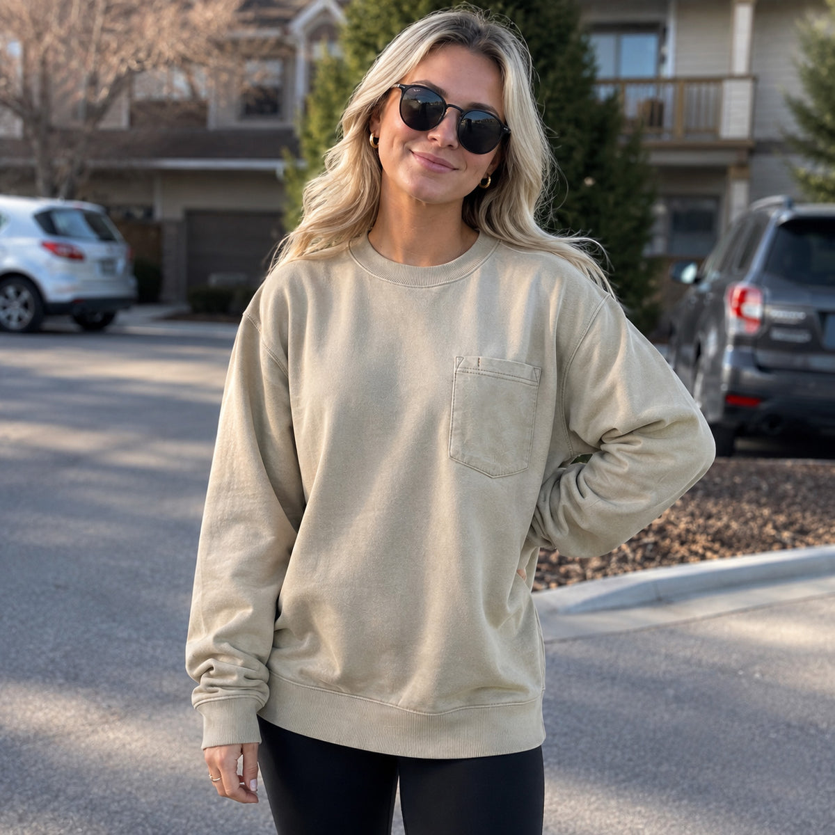 Vintage Washed Unisex Pocket Crewneck Sweatshirt