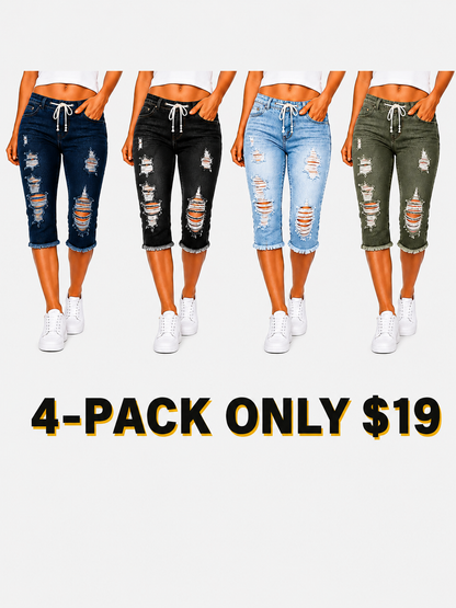 Fashion Distressed Ripped Capri Jeans Plus Size Casual High-Waisted Drawstring Waist Denim Cropped Pants