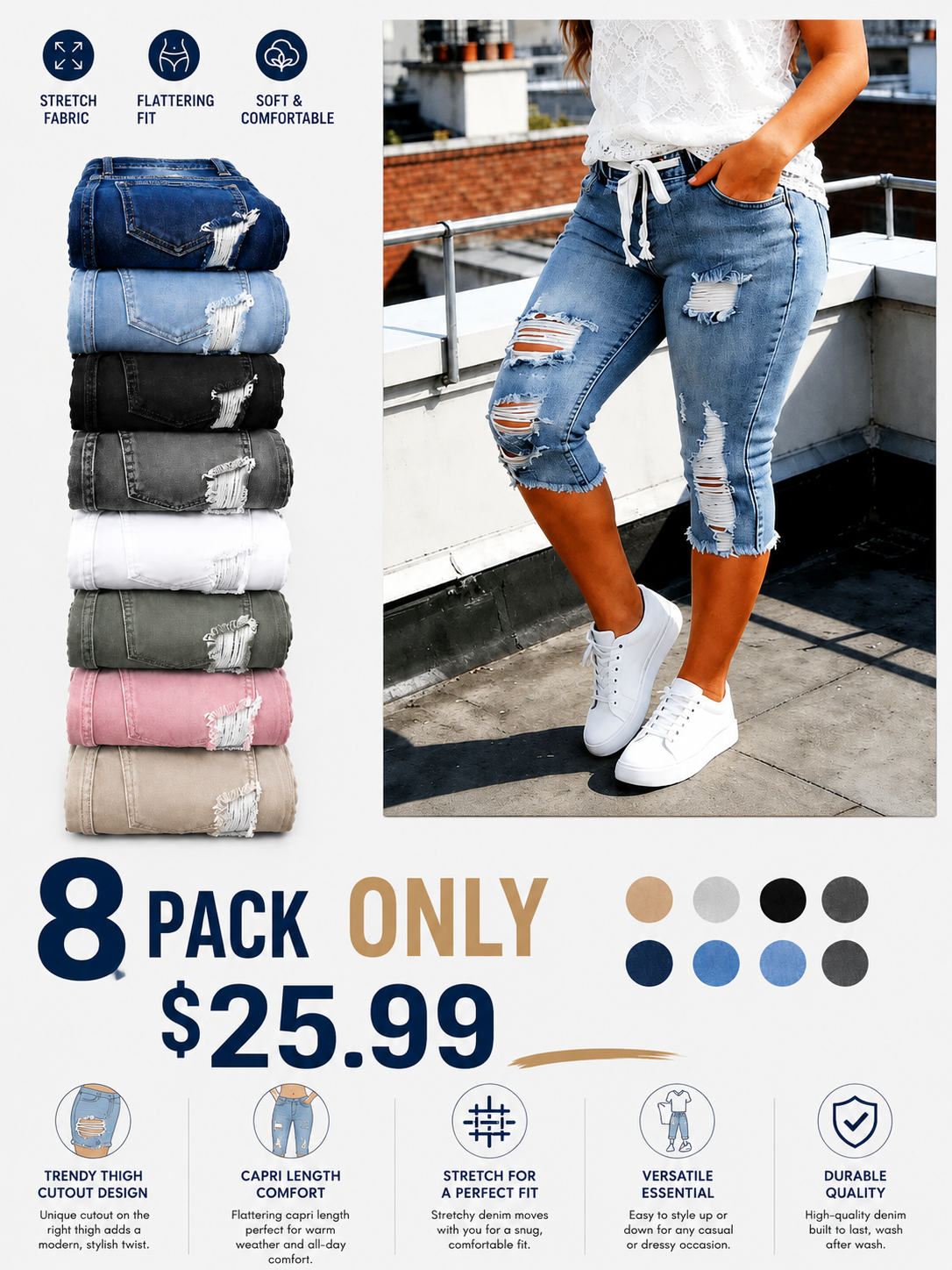 Fashion Distressed Ripped Capri Jeans Plus Size Casual High-Waisted Drawstring Waist Denim Cropped Pants
