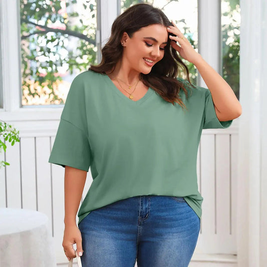 🔥 Women's Plus Size V Neck T Shirts Loose Fit Cotton Tunic Tops1